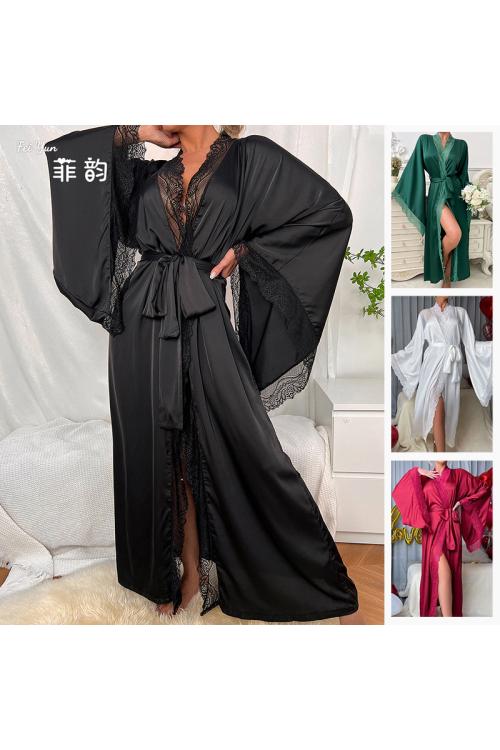 Luxury Satin Sleepwear Set - Long Sleeve Lace Trimmed Robe & Pyjamas